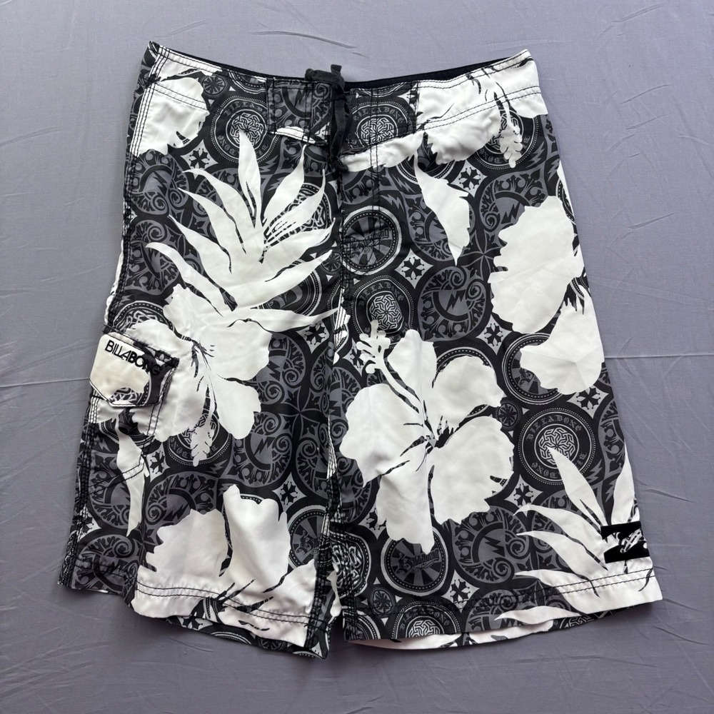 Billabong Mens Board Shorts Size 32 Black White Hibiscus Floral Tribal Y2K Vtg